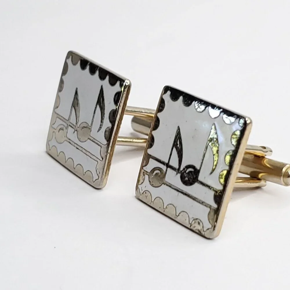 Vintage Music Notes Cufflinks Gold Tone White Enamel Musical